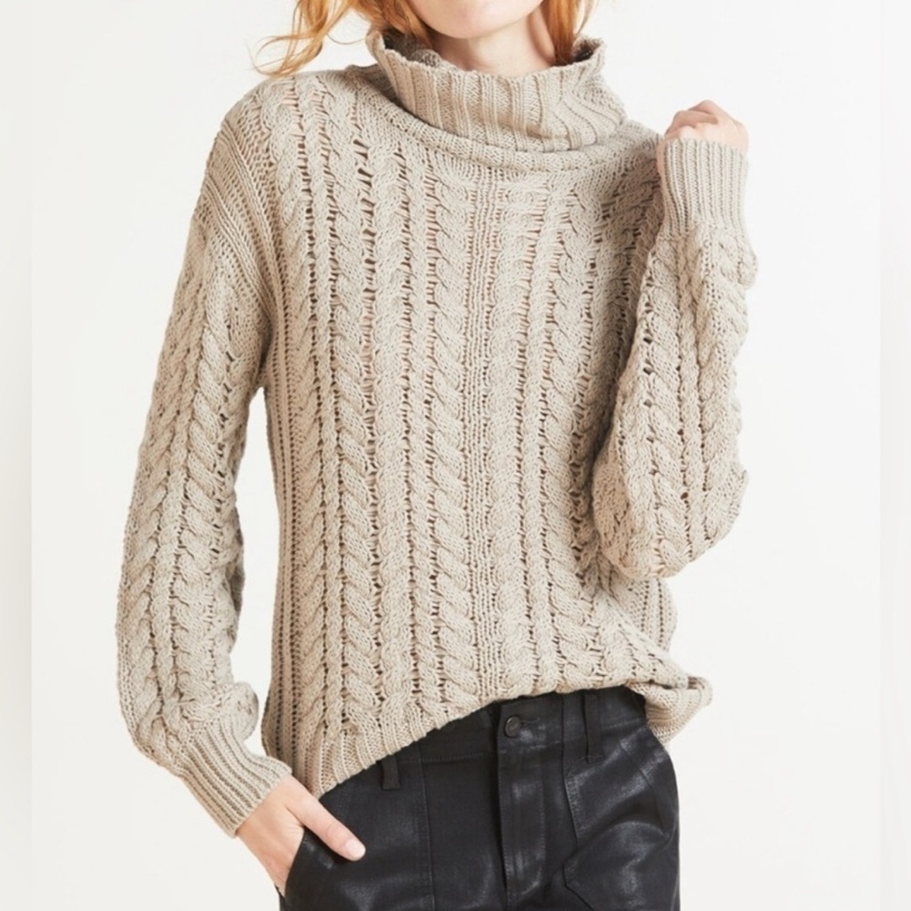 John + Jenn Lumi Turtleneck Sweater Pullover Chunky Knit Small Khaki Tan